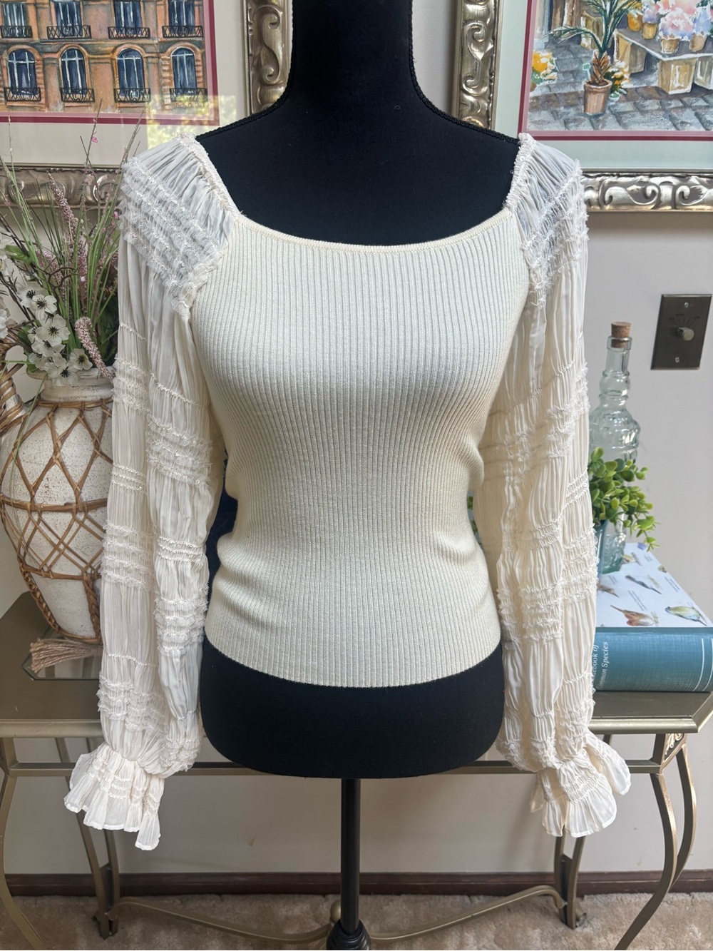 Flying Tomato Cream Ribbed Square-Neck Top with Sheer Sequin Puff Sleeves Size M